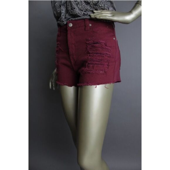 EUC MINKPINK Stretchy Burbundy Slasher Denim Shorts L - Picture 1 of 7